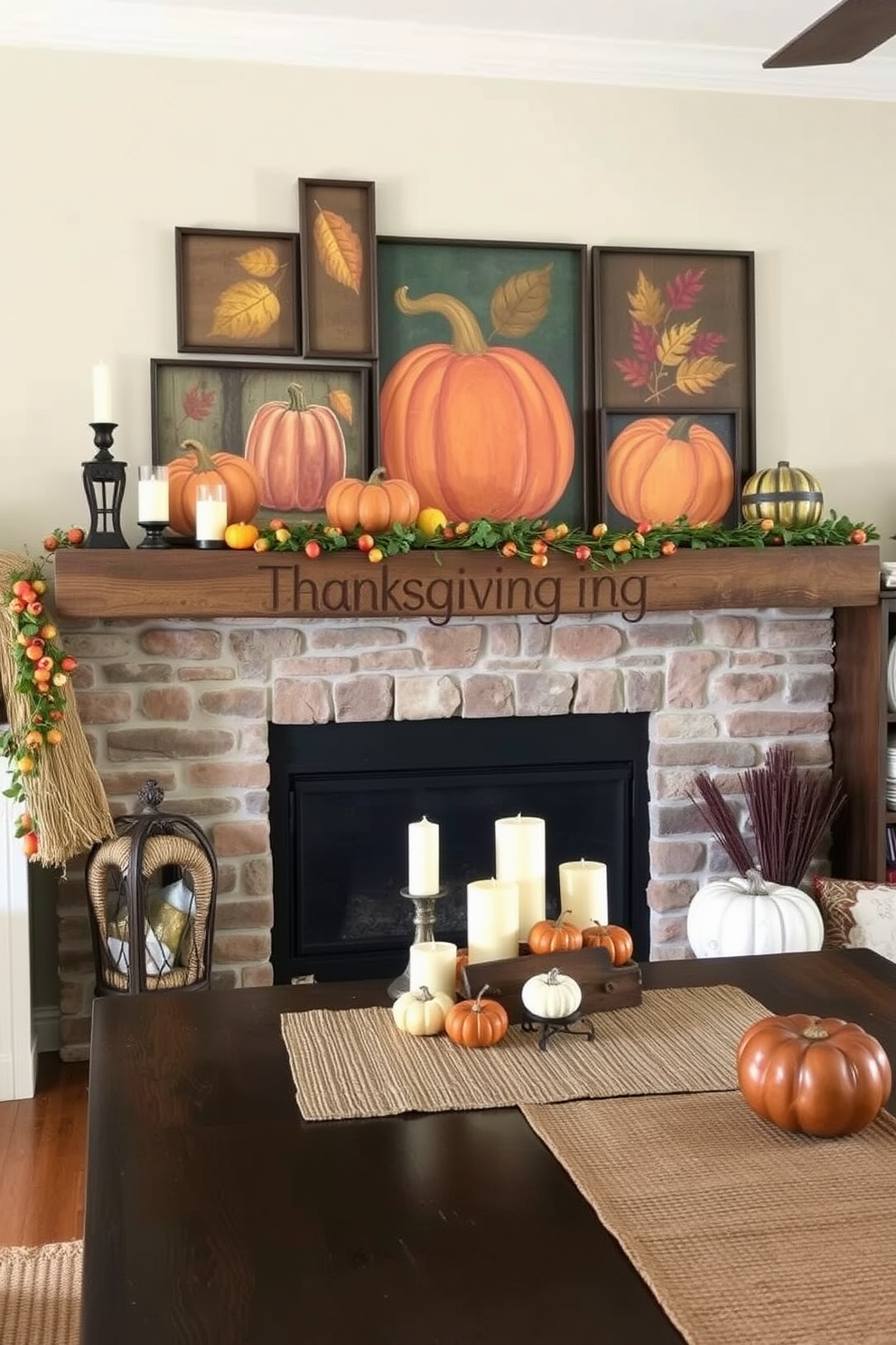 A cozy living room with a rustic mantel adorned for Thanksgiving. Above the mantel, a collection of harvest-themed artwork featuring pumpkins and autumn leaves creates a warm focal point. The mantel itself is decorated with a mix of candles and small gourds in rich fall colors. A woven runner adds texture and complements the seasonal decor, inviting a festive atmosphere.