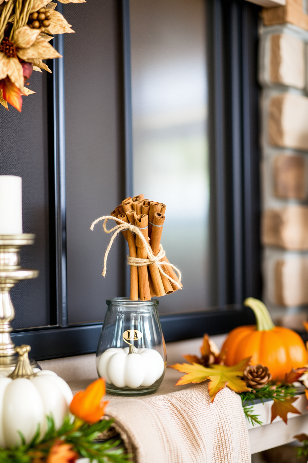 A warm and inviting Thanksgiving mantel adorned with cinnamon sticks tied with twine. The rustic charm of the twine complements the autumnal colors of the surrounding decorations, creating a cozy focal point for the holiday season.