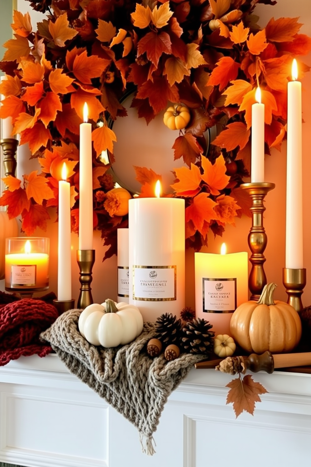 A beautifully decorated mantel for Thanksgiving features an array of seasonal scented candles in varying heights and colors. The warm glow of the candles complements a backdrop of autumn leaves and small pumpkins, creating a cozy and inviting atmosphere. The mantel is adorned with rich textures such as knitted throws and wooden accents, enhancing the festive spirit. A few decorative acorns and pinecones are scattered among the candles, adding a touch of nature to the elegant display.