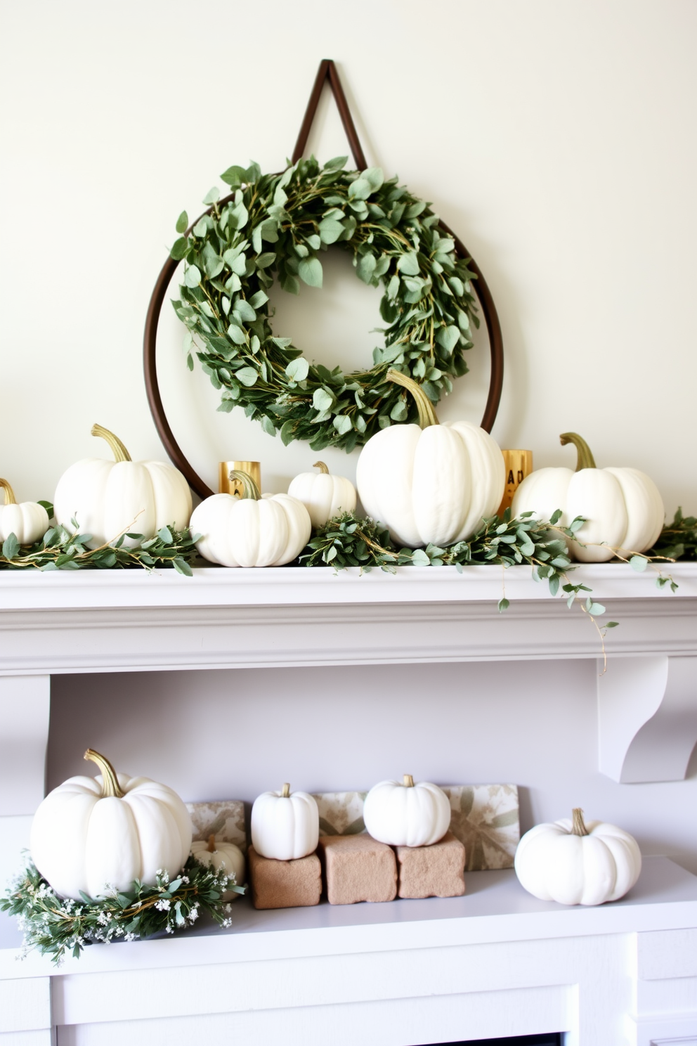 A beautifully styled mantel adorned with elegant white pumpkins of varying sizes. The pumpkins are arranged with soft greenery and subtle gold accents to create a serene Thanksgiving atmosphere.