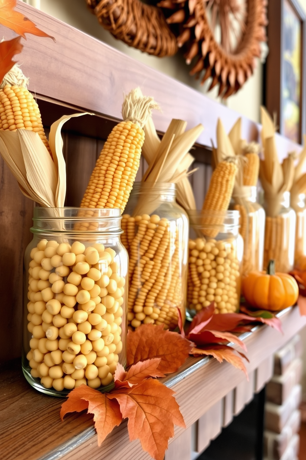 Mason jars filled with dried corn are arranged along a rustic wooden mantel. The jars are complemented by autumn leaves and small pumpkins, creating a warm and inviting Thanksgiving atmosphere.