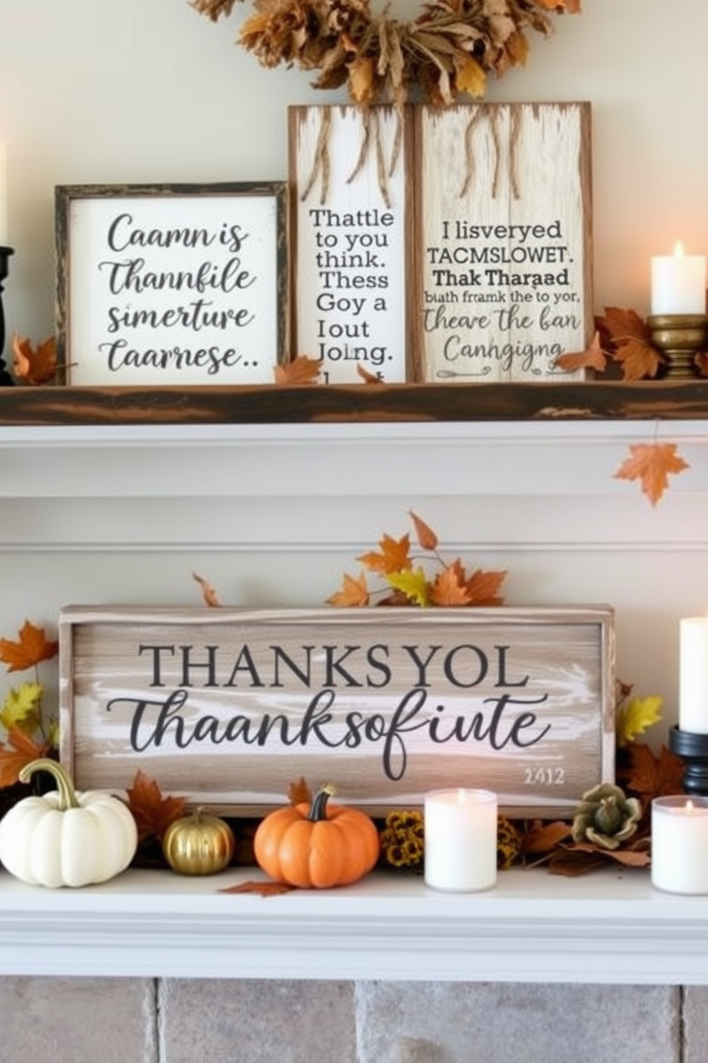 Create a cozy Thanksgiving mantel decorated with rustic wooden signs featuring heartfelt thankful quotes. The signs are arranged among autumn leaves, small pumpkins, and candles to enhance the warm and inviting atmosphere.