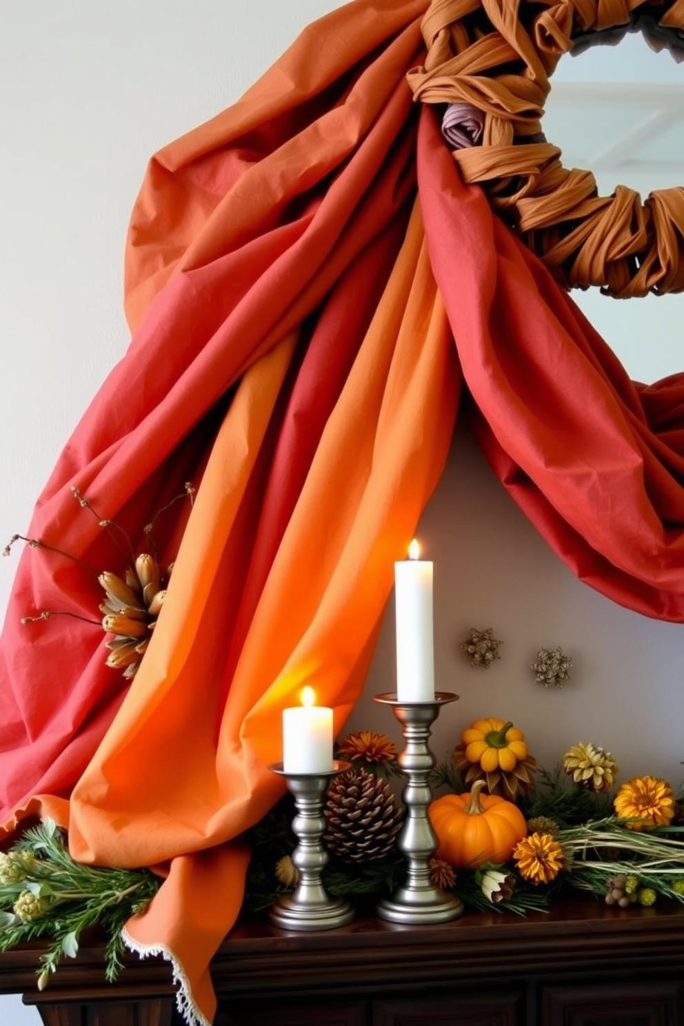 A beautifully decorated Thanksgiving mantel features an array of layered fabrics creating depth and texture. Rich autumnal hues of burnt orange, deep red, and golden yellow are draped elegantly, complementing seasonal decorations. Natural elements like pinecones and small pumpkins are artfully arranged among the fabrics. Soft candlelight flickers from stylish holders, adding warmth and inviting ambiance to the festive display.