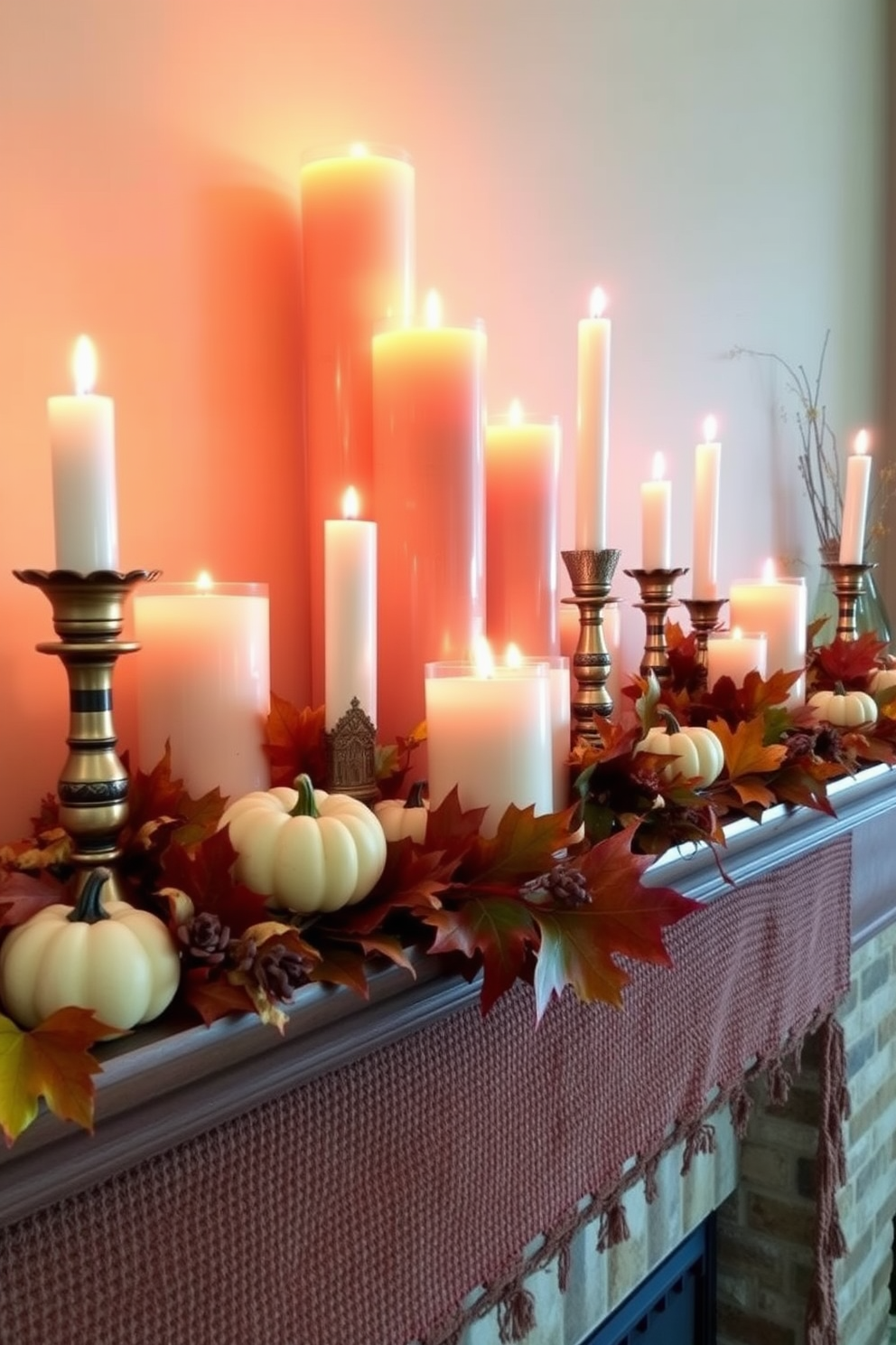 A beautifully decorated Thanksgiving mantel features an array of candles in varying heights and sizes. The warm glow of the candles complements the autumnal colors of the surrounding decorations, creating a cozy and inviting atmosphere. Surrounding the candles are seasonal elements such as small pumpkins and vibrant fall leaves. The mantel is adorned with a rich, textured runner that adds depth and warmth to the overall design.