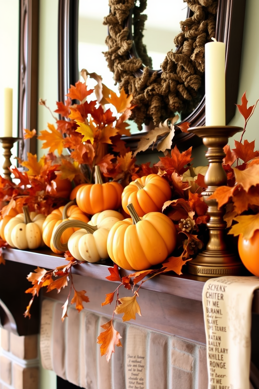 A festive Thanksgiving mantel adorned with vibrant gourds in assorted colors creates a warm and inviting atmosphere. The gourds are arranged in a harmonious display, complemented by autumn leaves and rustic candles to enhance the seasonal charm.