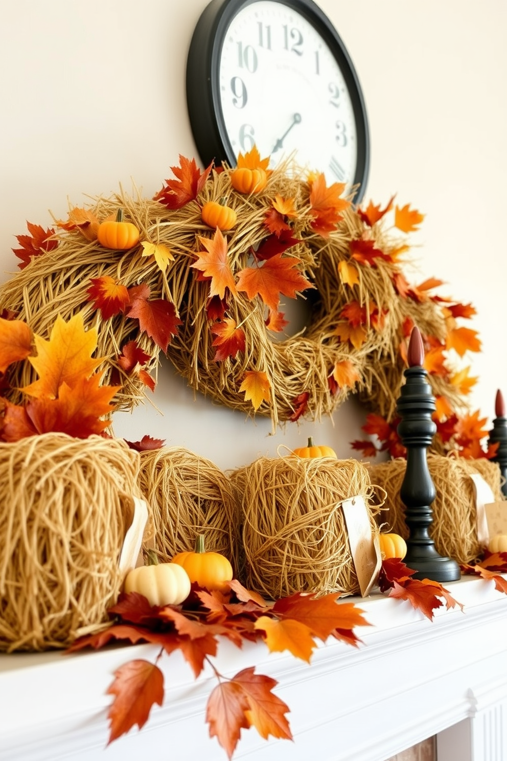 A charming Thanksgiving mantel adorned with mini hay bales creates a cozy farmhouse atmosphere. The hay bales are complemented by rustic elements such as small pumpkins and autumn leaves arranged artfully around them.