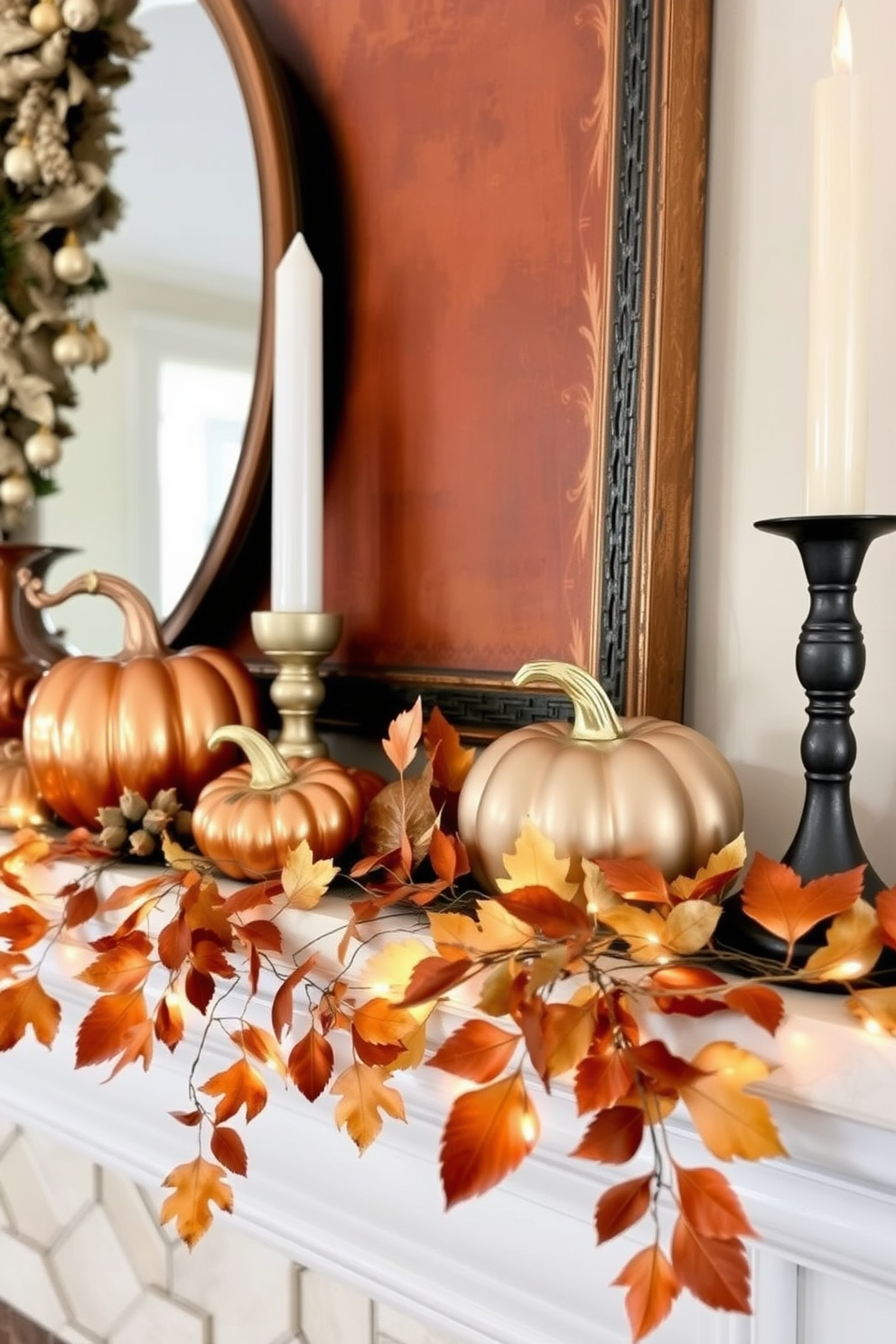 A cozy Thanksgiving mantel adorned with copper and gold metallic accents. The mantel features a mix of decorative pumpkins in shades of copper and gold, alongside a garland of autumn leaves and fairy lights.