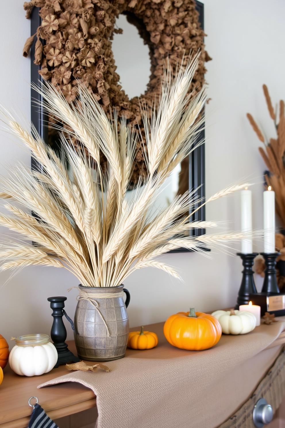 A cozy Thanksgiving mantel decorated with dried wheat bundles creating a natural look. The wheat is arranged in a rustic vase, complemented by small pumpkins and candles for a warm ambiance.