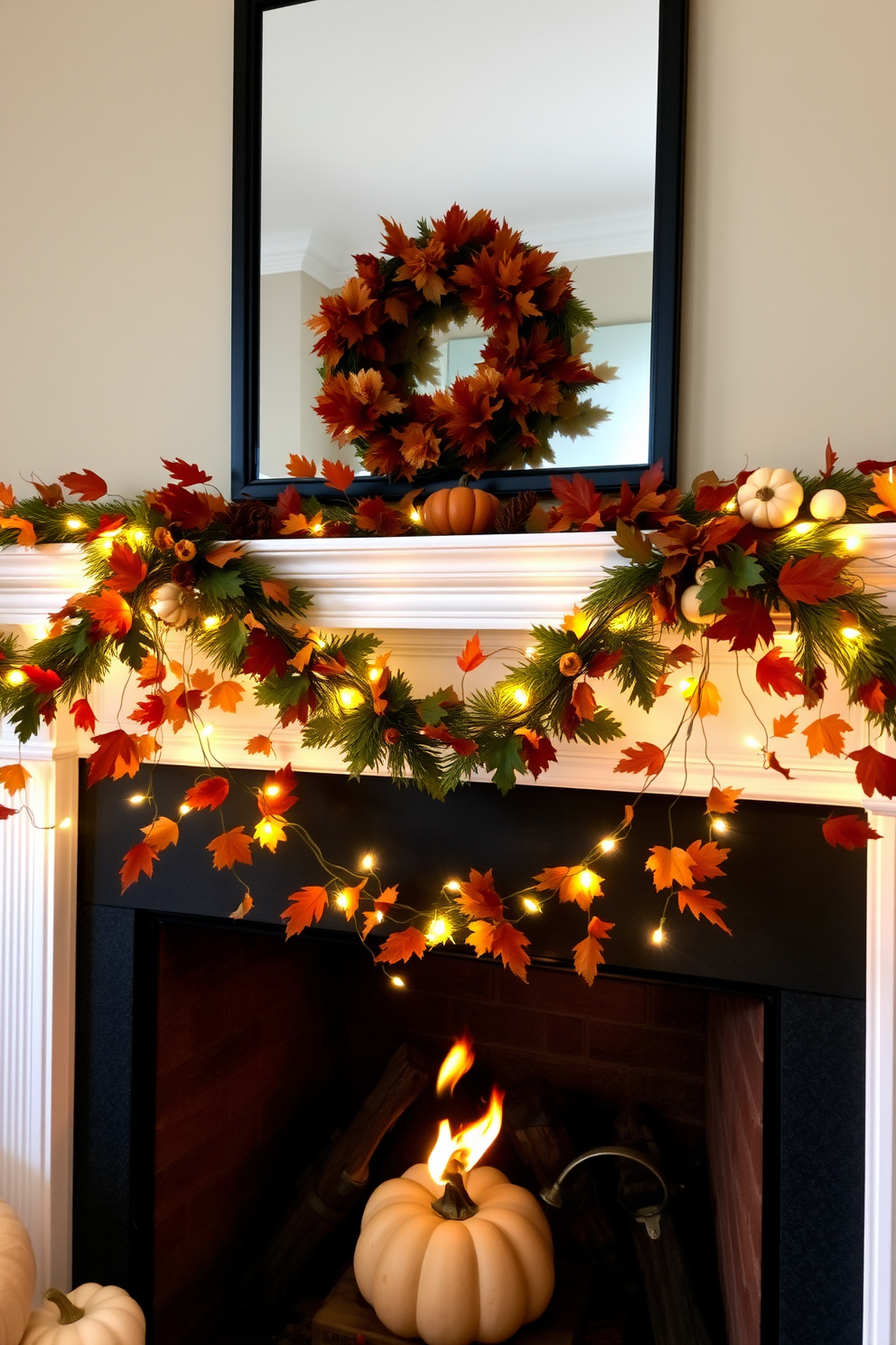 A beautiful Thanksgiving themed garland drapes elegantly across the mantel. The garland is adorned with autumn leaves, miniature pumpkins, and twinkling fairy lights to create a warm and inviting atmosphere.