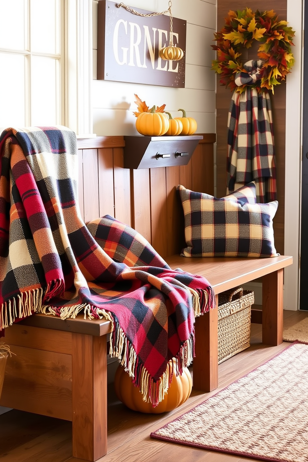 Cozy plaid throw blankets are draped over rustic wooden benches in a warm and inviting mudroom. The space features seasonal decorations like pumpkins and autumn leaves, creating a festive atmosphere for Thanksgiving.