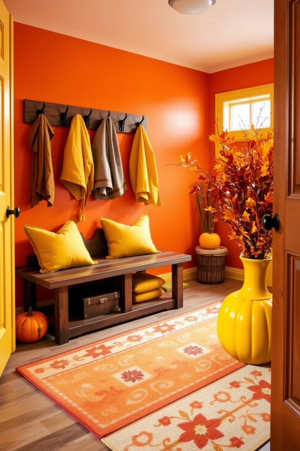 A bright and inviting mudroom features walls painted in a cheerful bright orange, complemented by yellow accents throughout the space. A rustic wooden bench with yellow cushions provides seating, while hooks in matching yellow hold festive fall-themed jackets and accessories. The floor is adorned with a patterned area rug in warm tones of orange and yellow, adding coziness to the room. Decorative elements like a large pumpkin centerpiece and autumn leaves in a vibrant yellow vase complete the Thanksgiving theme.