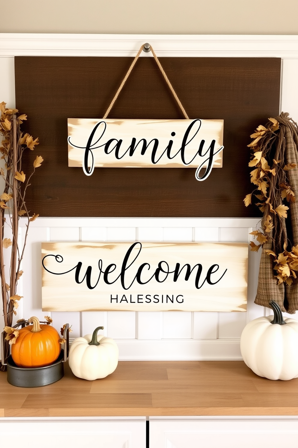 A warm and inviting mudroom features a personalized family welcome sign made of reclaimed wood, elegantly painted in soft autumn hues. Surrounding the sign are seasonal decorations, including small pumpkins and a garland of dried leaves, creating a cozy atmosphere for Thanksgiving.