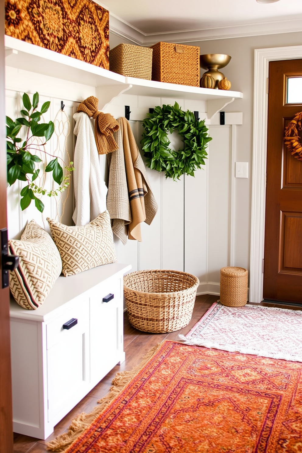 Layered rugs in a cozy mudroom create a welcoming atmosphere while adding texture and warmth. Incorporate rich earth tones and soft fabrics to enhance the seasonal feel, complemented by decorative elements that celebrate Thanksgiving.