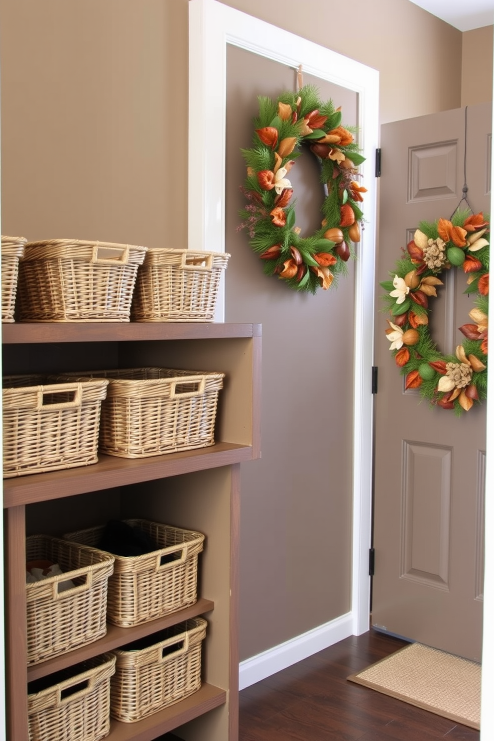 A cozy mudroom featuring vintage baskets for shoe storage arranged neatly on a rustic wooden shelf. The walls are painted in a warm taupe color, and a festive Thanksgiving wreath adorns the door, welcoming guests with seasonal charm.