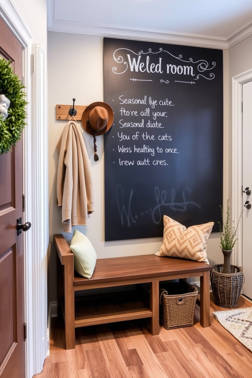 A welcoming mudroom features a large chalkboard mounted on the wall, perfect for writing seasonal messages and reminders. The space is adorned with rustic hooks for coats and hats, alongside a cozy bench for putting on shoes.