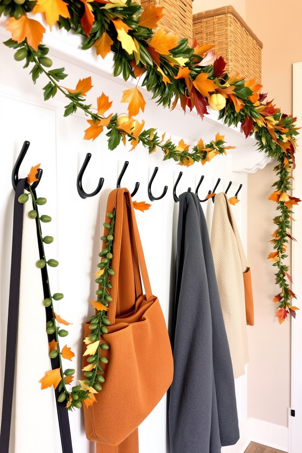 Festive garlands draped across hooks create a warm and inviting atmosphere in the Thanksgiving mudroom. The garlands are adorned with autumn leaves and small pumpkins, enhancing the seasonal charm of the space.