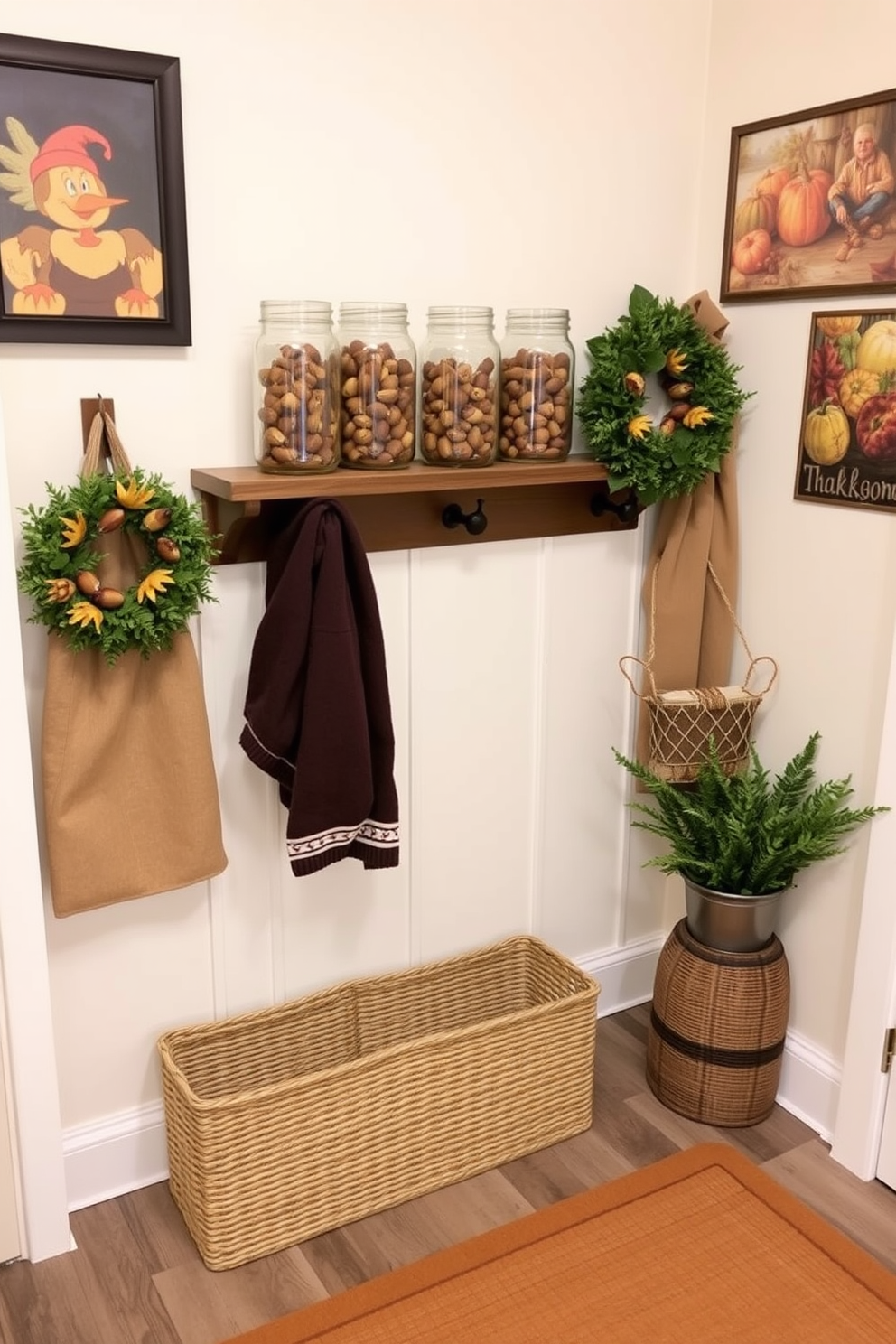 A cozy mudroom decorated for Thanksgiving features mason jars filled with acorns placed on a wooden shelf. The walls are adorned with autumn-themed artwork, and a warm rug is laid out on the floor to add comfort.