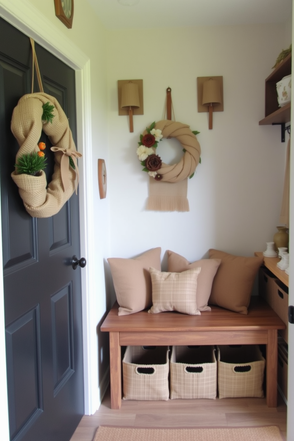 A cozy mudroom adorned with burlap accents creates a warm and inviting atmosphere. The walls are decorated with burlap wall hangings, and a rustic bench is topped with burlap cushions for added comfort. In one corner, a burlap-wrapped wreath hangs on the door, welcoming guests with a seasonal touch. Storage bins made of burlap are neatly arranged on shelves, providing both functionality and style.