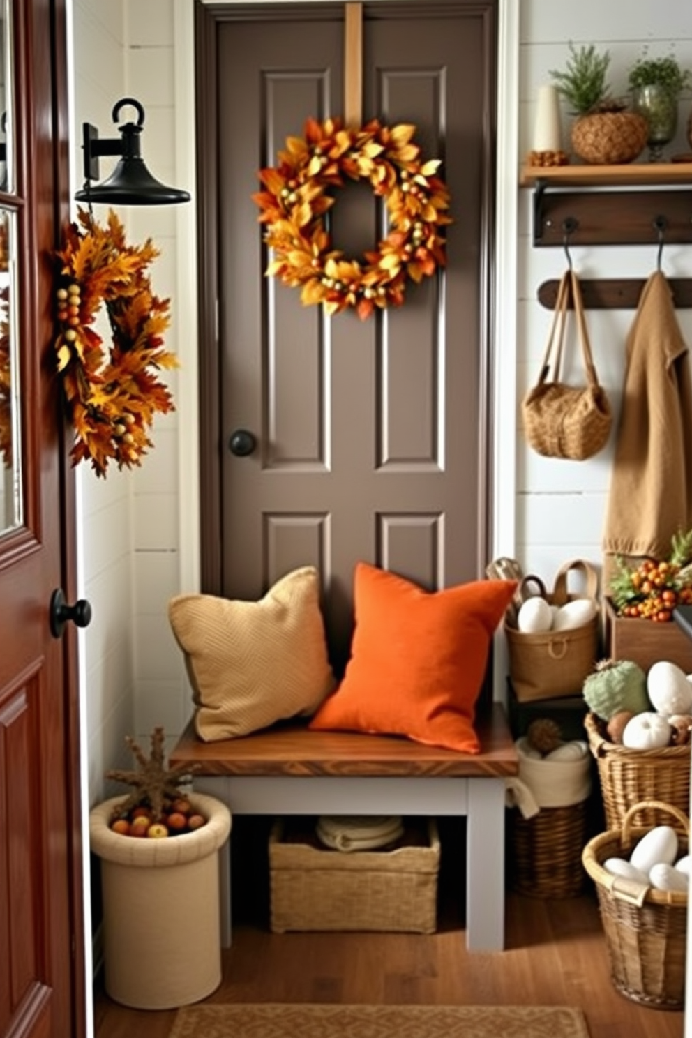 A charming mudroom adorned for Thanksgiving features a seasonal wreath made of autumn leaves and berries hanging on the door. Inside, the space is decorated with cozy elements such as a bench with plush cushions, a rustic coat rack, and baskets filled with seasonal decor.