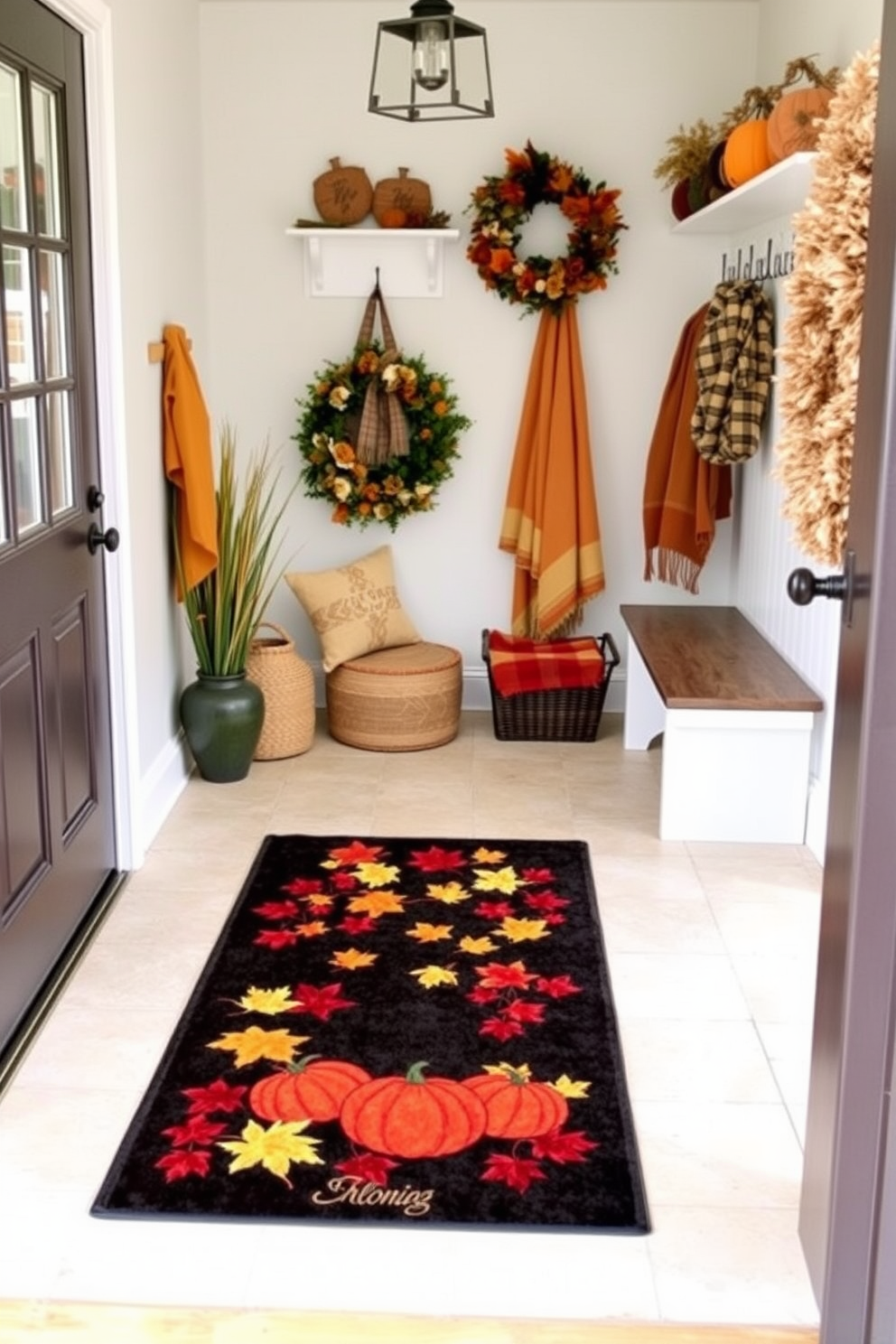 A welcoming entrance features an autumn-themed doormat adorned with vibrant leaves and pumpkins. The mudroom is decorated with warm-toned accents, including cozy blankets and seasonal wreaths, creating a festive atmosphere for Thanksgiving.