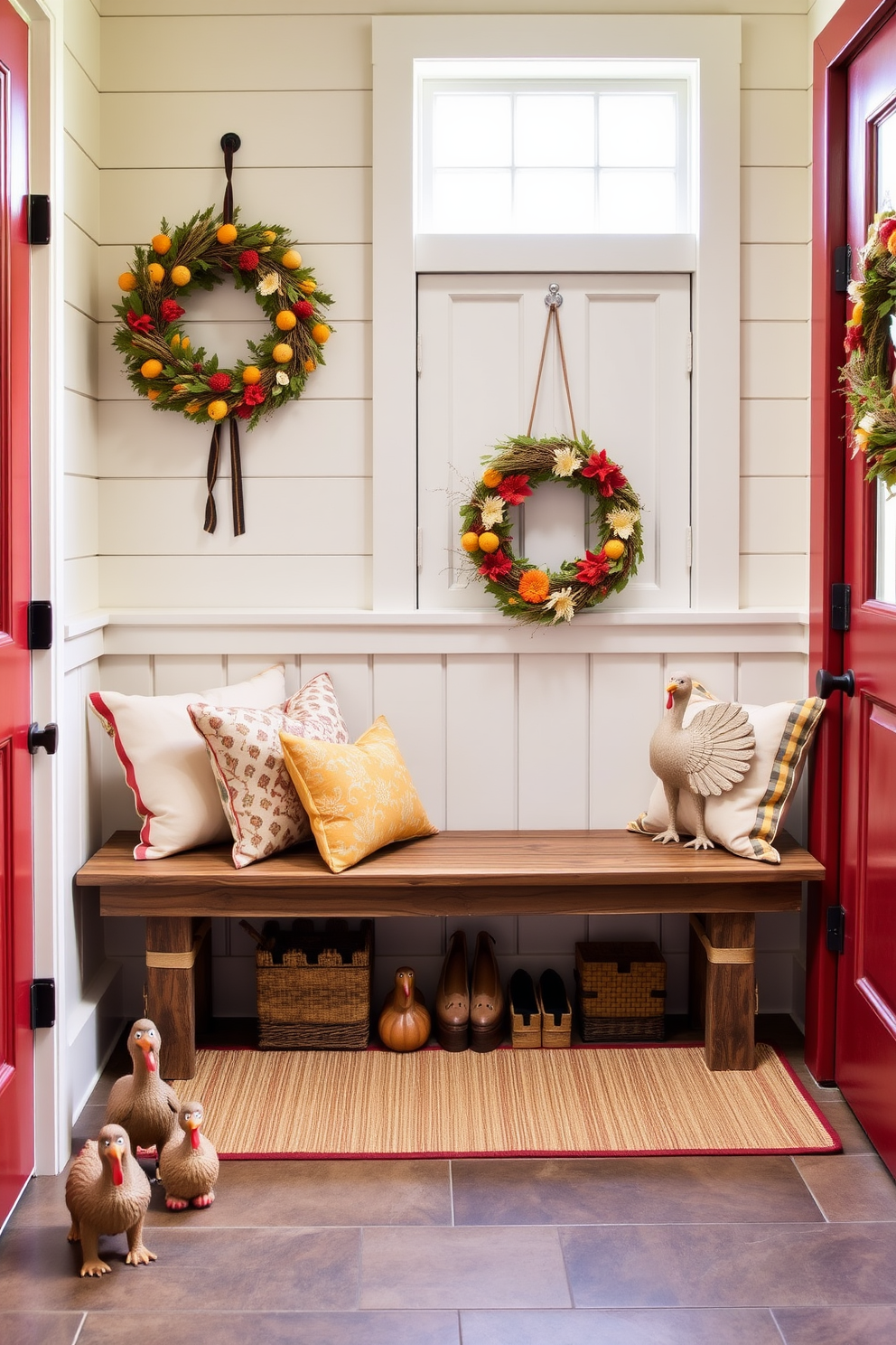 Create a charming mudroom decorated for Thanksgiving featuring cute animal figurines such as turkeys. The space should include a rustic bench with colorful cushions and a seasonal wreath hanging on the door.