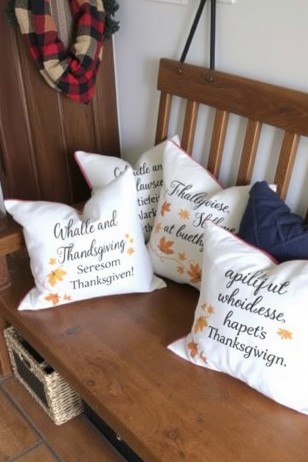 Seasonal throw pillows with warm autumn colors are scattered across a cozy bench in the mudroom. Each pillow features charming sayings that evoke the spirit of Thanksgiving, creating a welcoming atmosphere for guests.