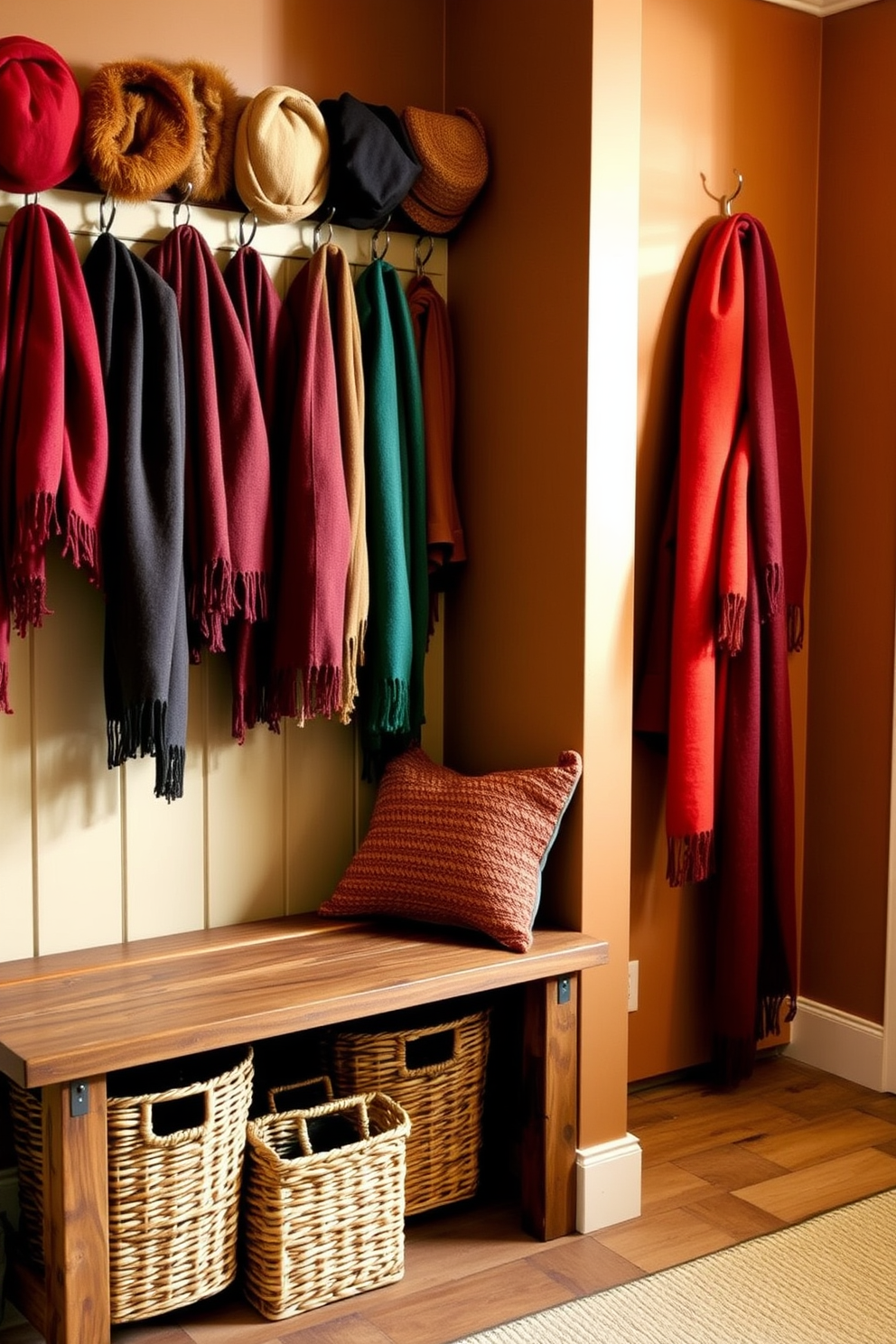 A cozy mudroom adorned with hanging hats and scarves in rich fall colors. The walls are painted in warm earth tones, and a rustic wooden bench provides seating, complemented by woven baskets for storage.