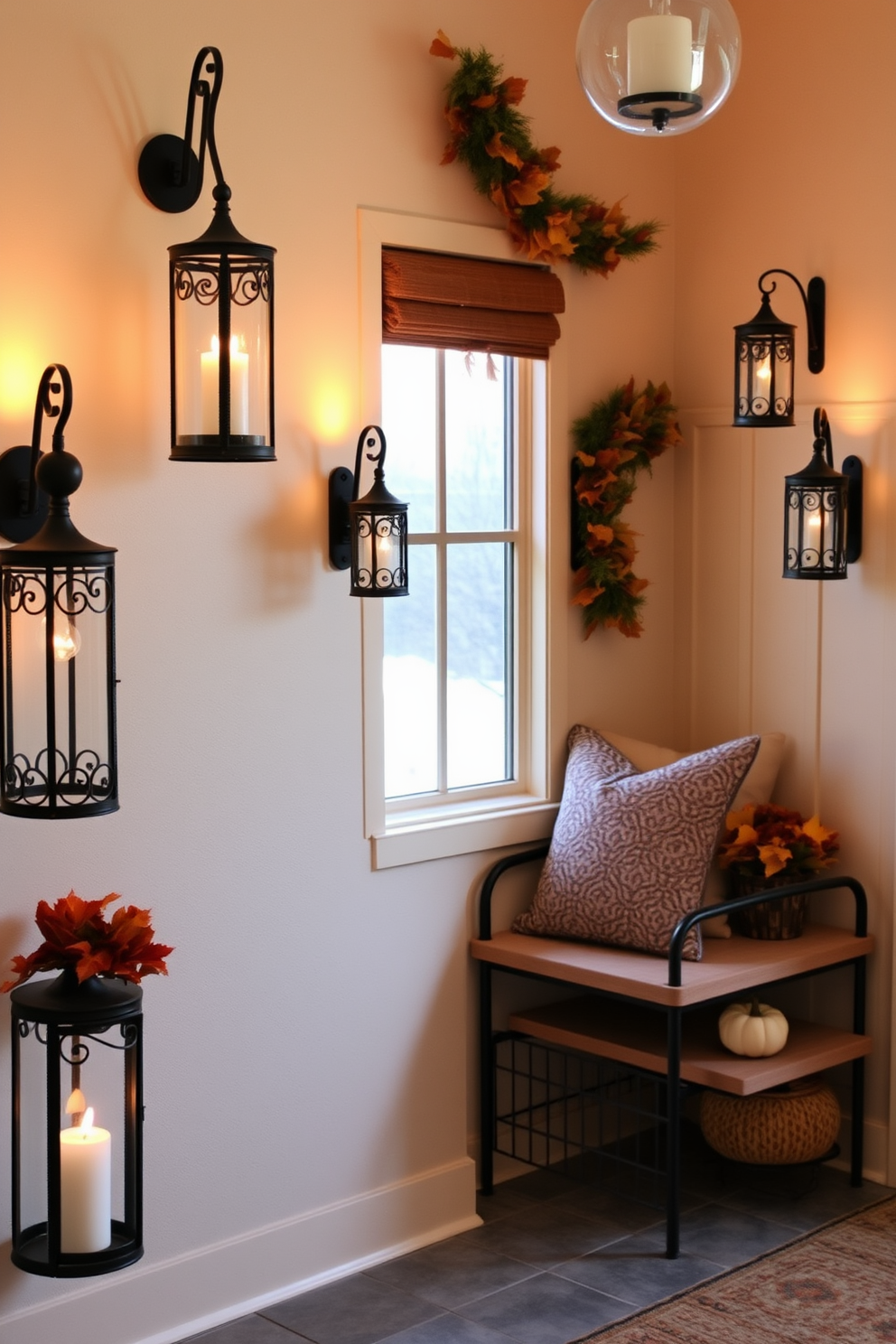 Decorative lanterns are arranged along the walls of the mudroom, casting a warm and inviting glow. The lanterns are made of wrought iron with intricate designs, complementing a cozy, rustic aesthetic. The mudroom features a charming bench with plush cushions, creating a comfortable spot to sit and take off shoes. Seasonal decorations include autumn leaves and small pumpkins, enhancing the Thanksgiving theme.