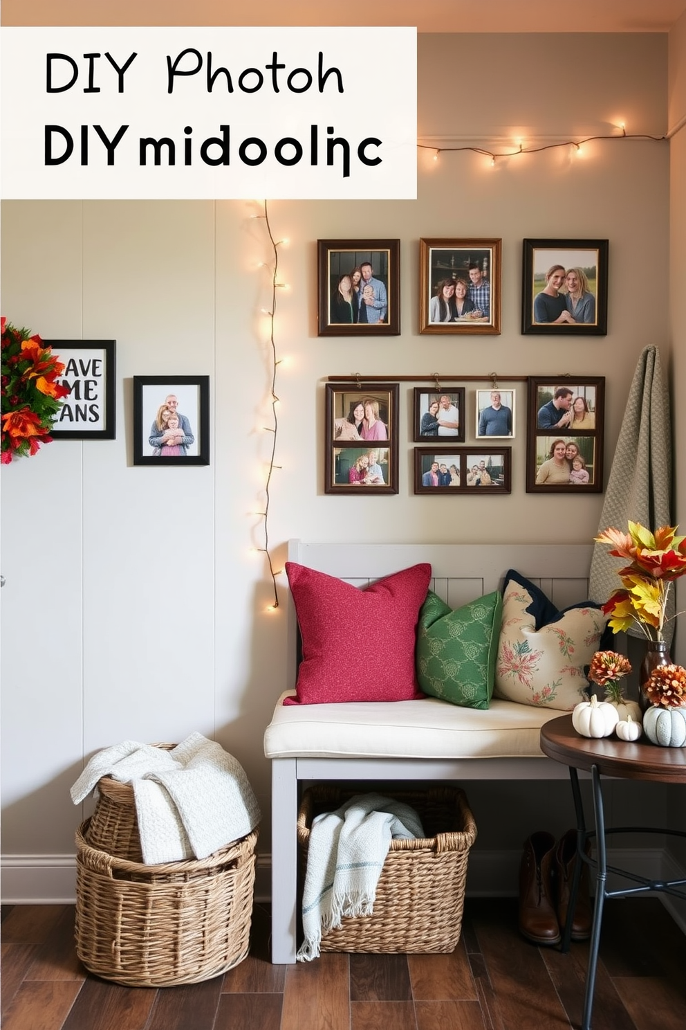 A cozy mudroom featuring a DIY photo display showcasing past Thanksgivings. The walls are adorned with a string of warm fairy lights that illuminate framed pictures of family gatherings, creating a nostalgic atmosphere. A rustic bench with colorful cushions sits against one wall, inviting guests to sit and remove their shoes. A woven basket underneath holds extra blankets, while a small table displays seasonal decorations like pumpkins and autumn leaves.