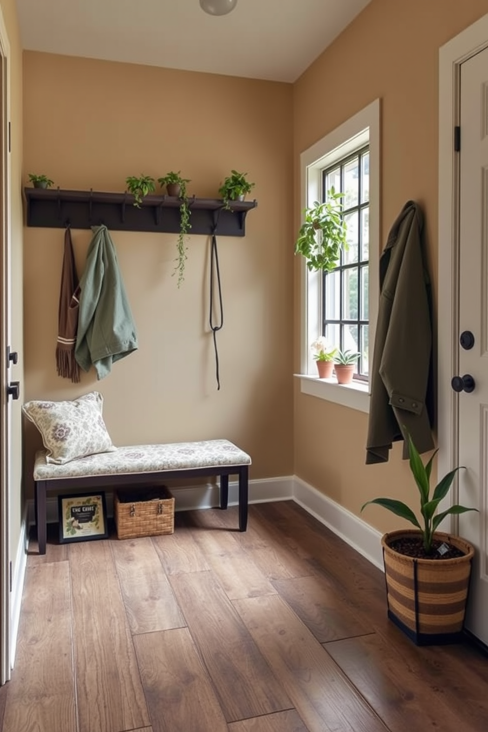 A cozy mudroom adorned with small potted plants brings a touch of greenery to the space. The walls are painted in a warm beige tone, and the floor is covered with rustic wooden planks. A decorative bench sits against one wall, flanked by hooks for coats and bags. Small potted plants are placed on the bench and windowsill, adding life and freshness to the room.