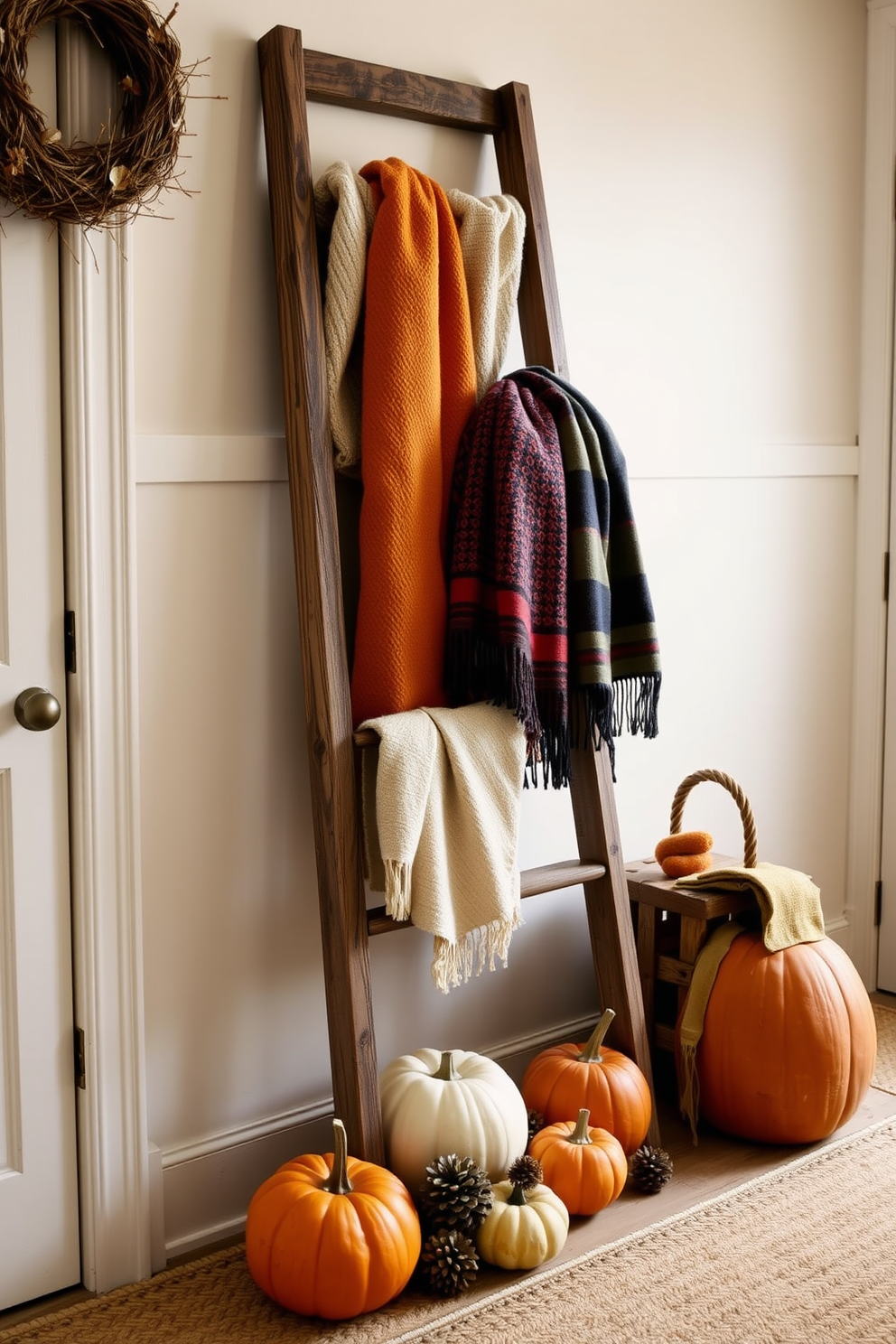 A rustic wooden ladder leans against the wall in a cozy mudroom, adorned with a variety of soft, textured blankets in warm autumn colors. The floor is covered with a natural woven rug, and seasonal decorations like small pumpkins and pinecones are placed at the base of the ladder, creating a welcoming Thanksgiving atmosphere.