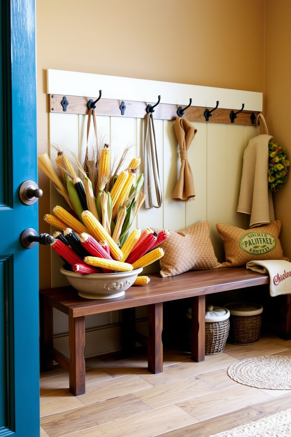 Colorful corn husks are arranged in decorative bowls, creating a festive centerpiece for the Thanksgiving season. The mudroom features a warm color palette with rustic wooden hooks and a cozy bench, adorned with seasonal decor that welcomes guests.