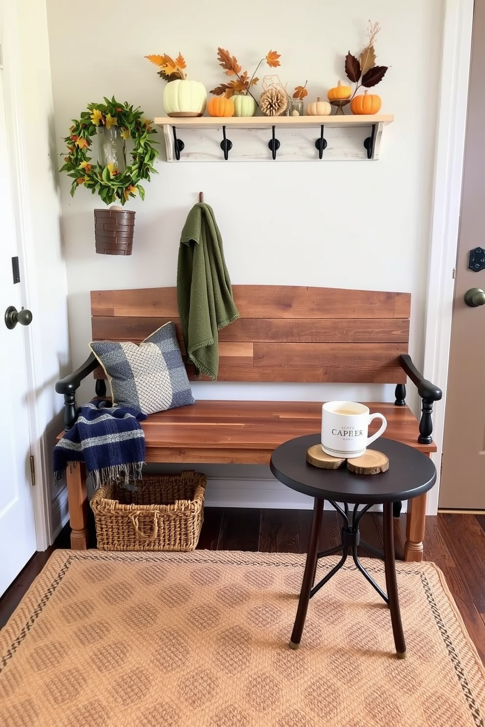 A cozy mudroom decorated for Thanksgiving features a rustic bench made of reclaimed wood against the wall. Above the bench, there are hooks for hanging coats and a small shelf adorned with seasonal decorations like pumpkins and autumn leaves. On the side table, wood slice coasters are placed next to a steaming mug of cider. The floor is covered in a warm, textured rug that invites guests to take off their shoes and enjoy the welcoming atmosphere.