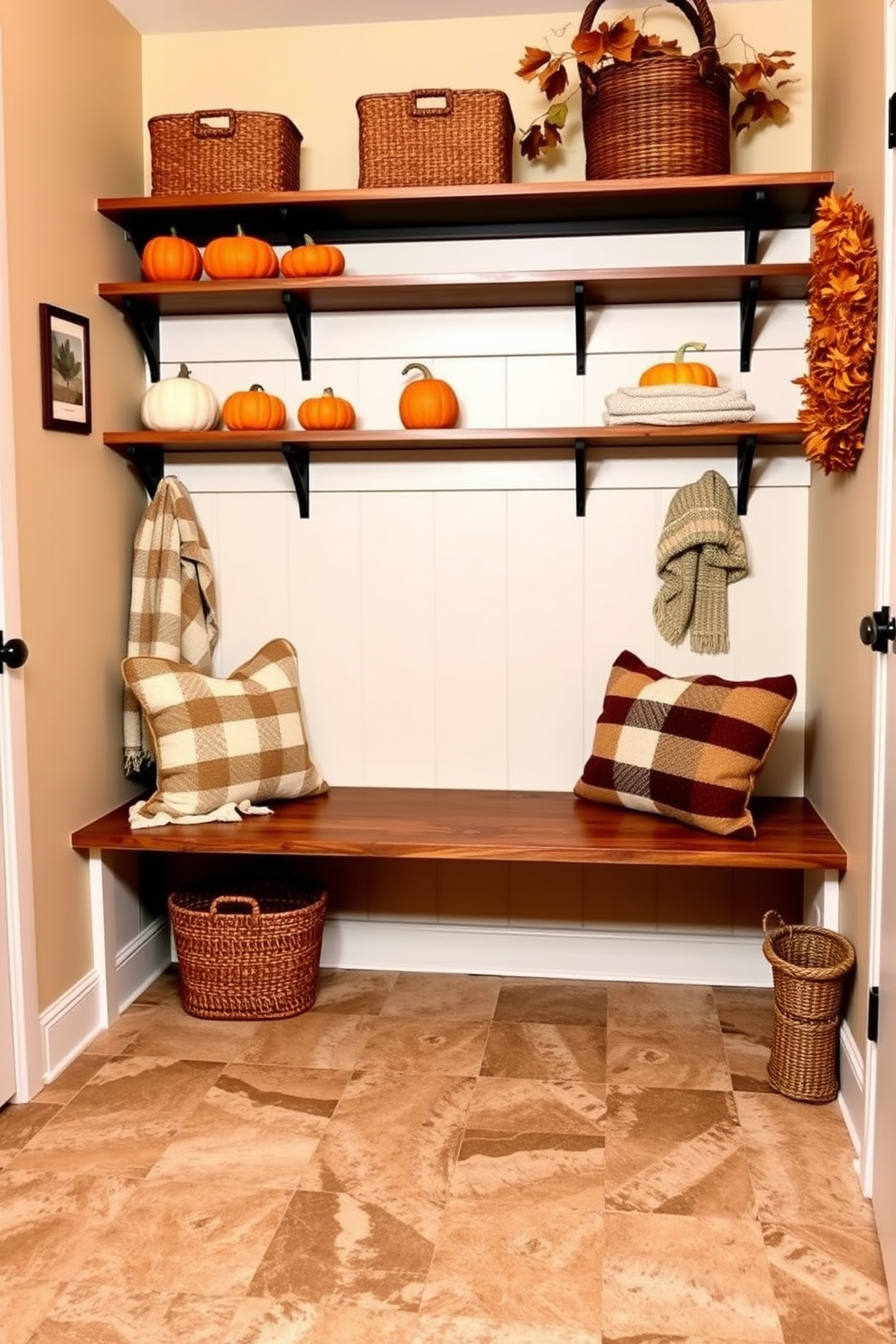 A cozy mudroom adorned with pumpkin accents on the shelves creates a warm and inviting atmosphere. The walls are painted in a soft beige, and a rustic wooden bench provides a perfect spot for removing shoes. Seasonal decorations include small pumpkins of various sizes arranged artfully on the shelves alongside cozy blankets. The floor features a durable, patterned tile that complements the fall theme while being practical for high traffic.