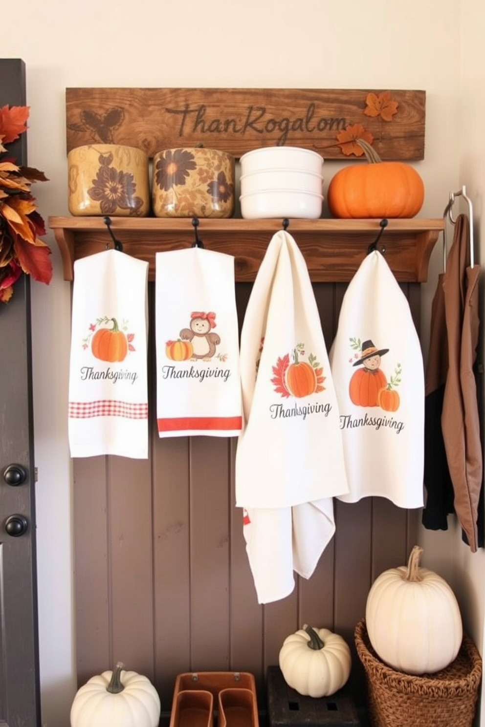 Thanksgiving-themed dish towels are hanging on a rustic wooden rack in a cozy mudroom. The space is adorned with autumn decorations, including pumpkins and dried leaves, creating a warm and inviting atmosphere.