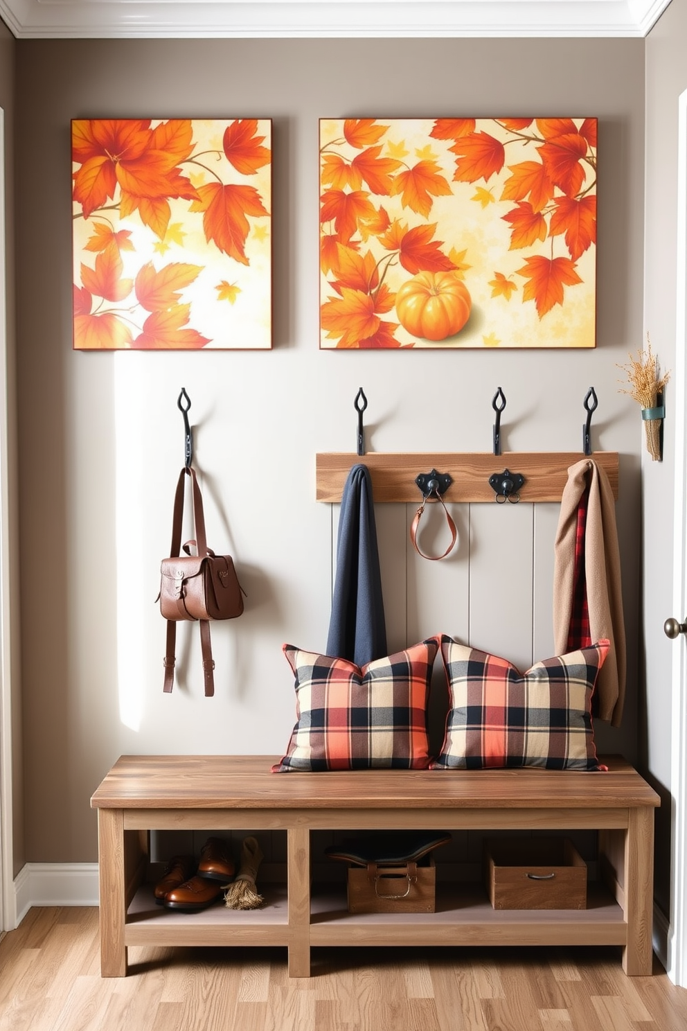 Autumn-themed wall art features warm hues of orange and gold, showcasing leaves and pumpkins to create a cozy atmosphere. The mudroom is decorated with rustic wooden hooks for coats and a bench with plaid cushions, adding charm and functionality.