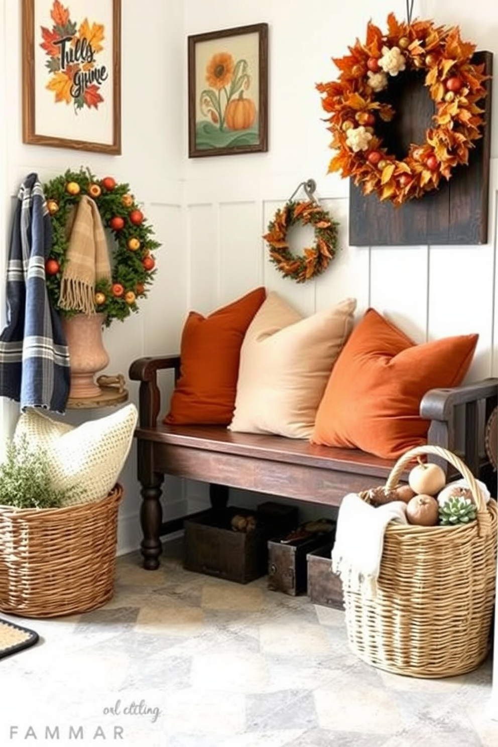 A cozy mudroom decorated for Thanksgiving features warm-toned pillows scattered across a rustic wooden bench. The walls are adorned with autumn-themed artwork, and a woven basket filled with seasonal decor sits nearby.