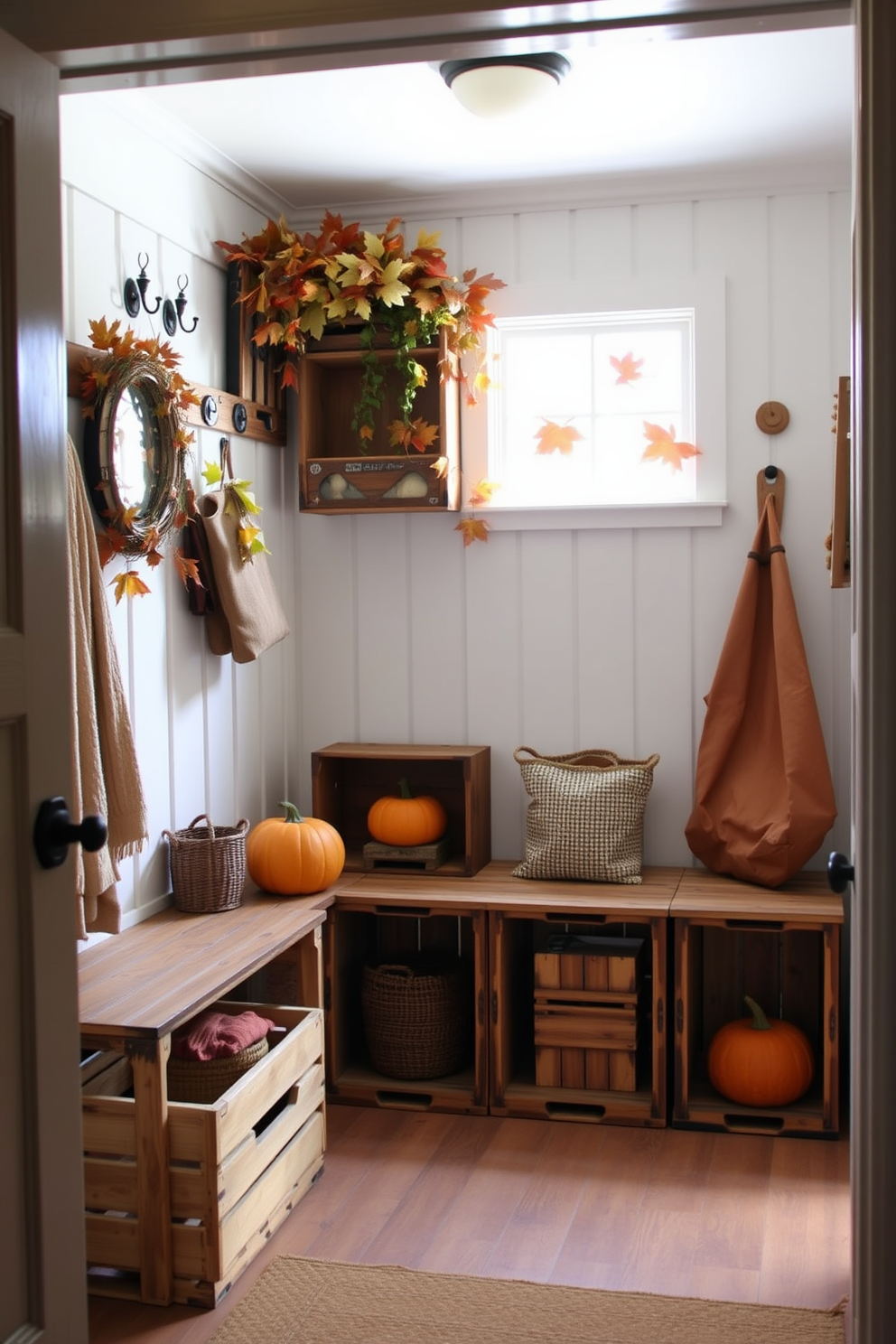 A cozy mudroom features rustic wooden crates stacked for storage, adding a warm and inviting touch. The walls are adorned with seasonal decorations, showcasing autumn leaves and pumpkins for a festive Thanksgiving atmosphere.