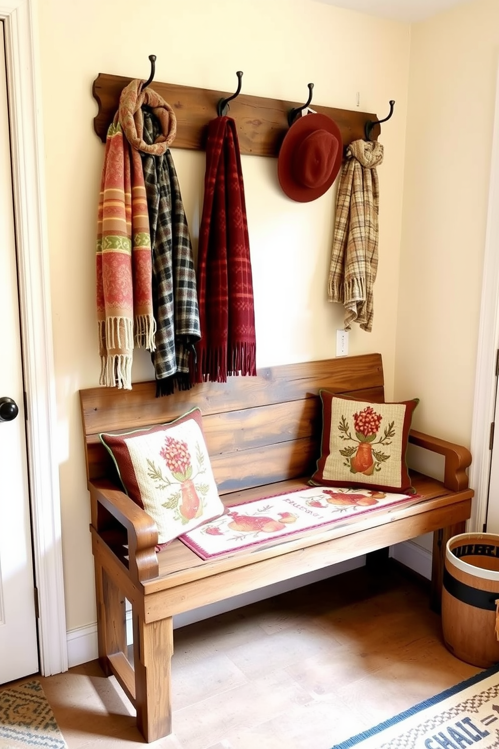 A warm and inviting mudroom features a rustic bench made of reclaimed wood adorned with harvest-themed table runners. The walls are painted in a soft cream color, and decorative hooks hold cozy scarves and hats, creating a welcoming atmosphere for guests.