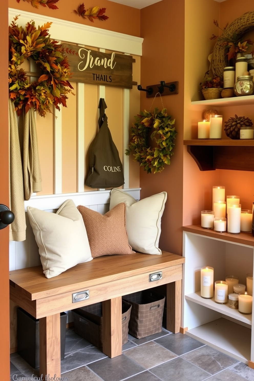 A cozy mudroom adorned for Thanksgiving features a rustic wooden bench with plush cushions. The walls are decorated with warm autumn colors, and a collection of scented candles in various sizes sits on a nearby shelf, filling the space with a welcoming aroma.