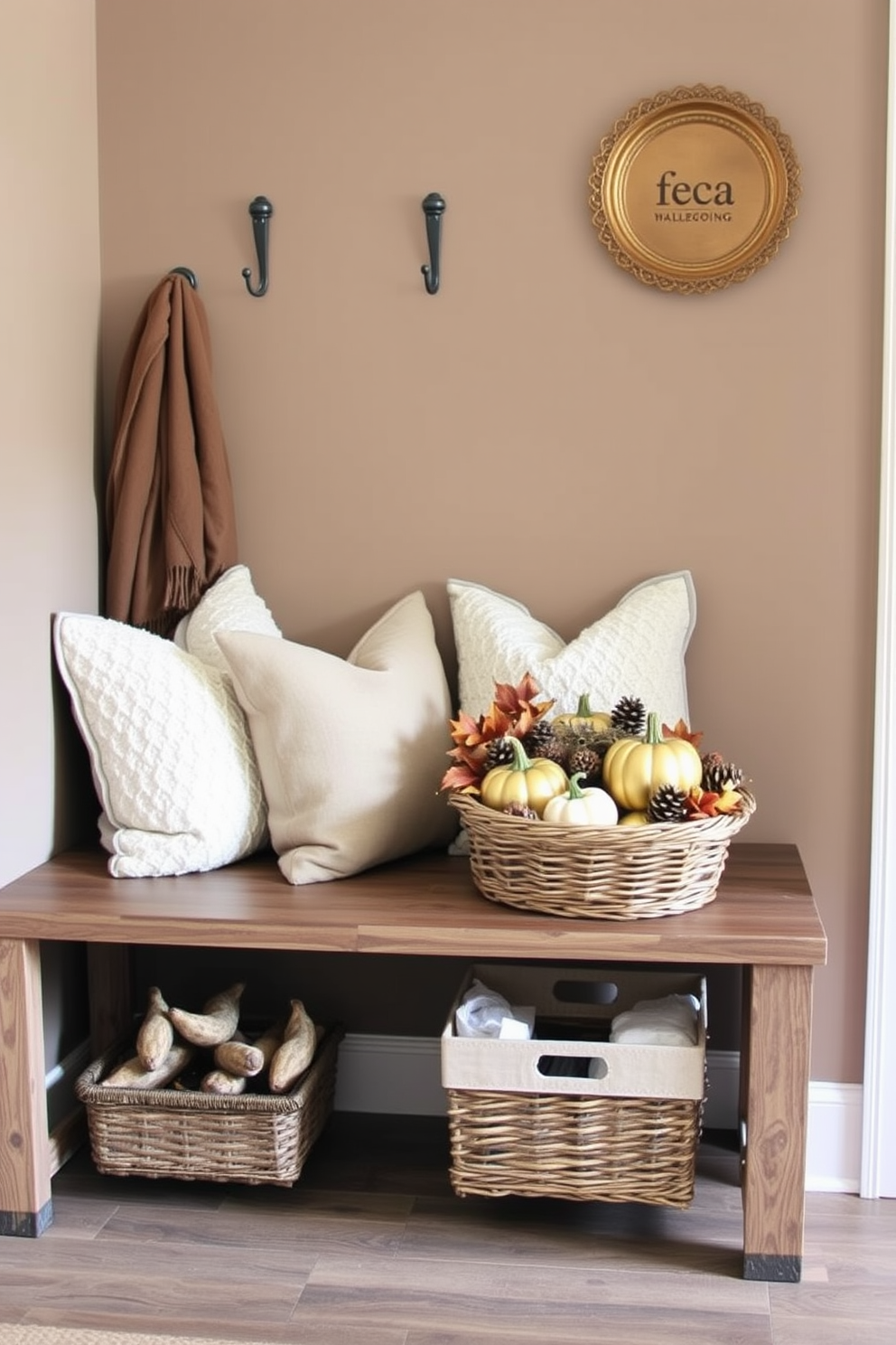 A cozy mudroom decorated for Thanksgiving features a rustic bench with plush cushions. Gold pumpkins are arranged on the bench alongside a woven basket filled with seasonal leaves and pinecones. The walls are adorned with a warm taupe color, creating a welcoming atmosphere. Metallic accents in gold are incorporated through wall hooks and decorative trays, adding a touch of elegance to the space.