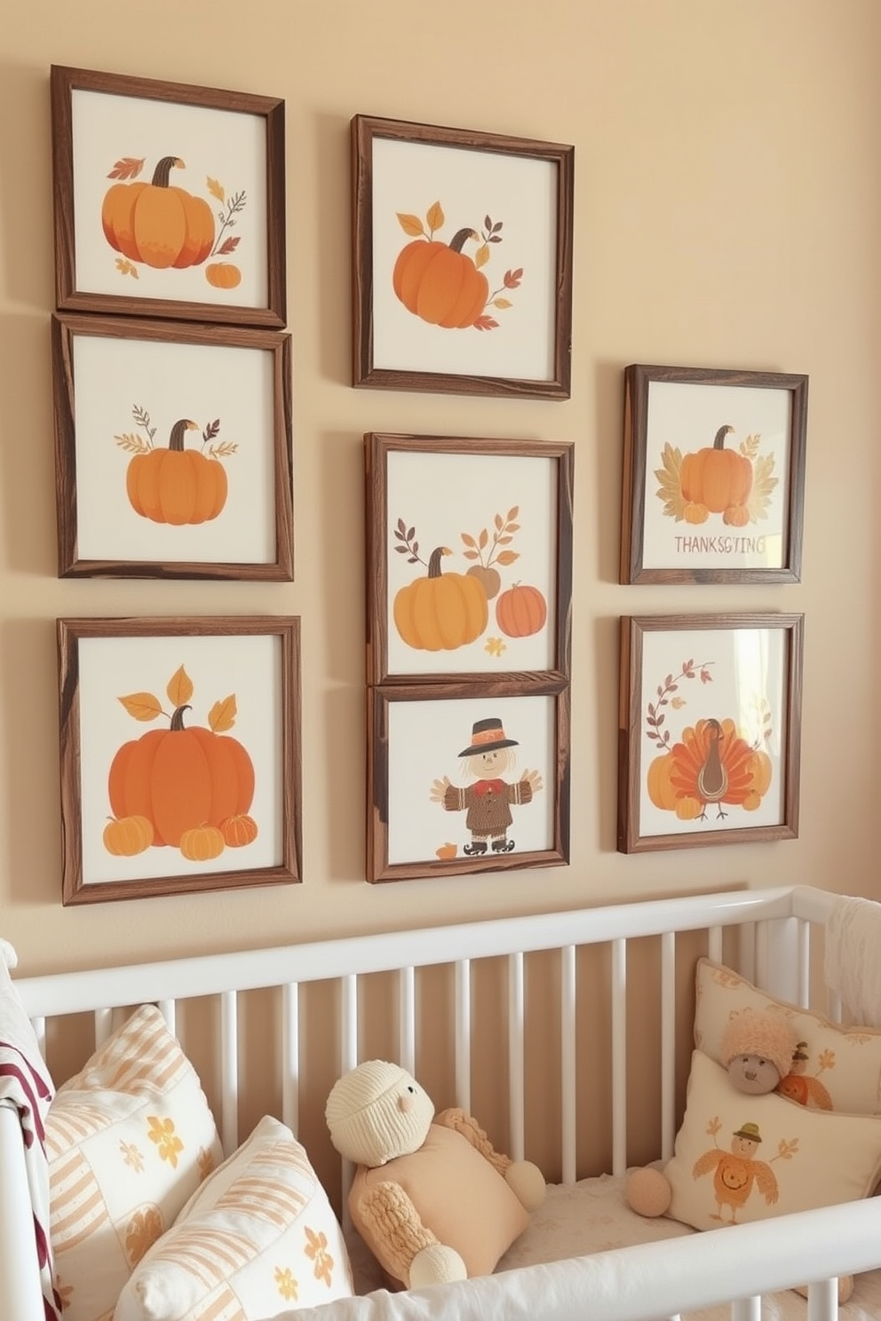 Thanksgiving themed wall art featuring warm autumn colors with pumpkins, leaves, and turkeys creates a cozy atmosphere. The artwork is framed in rustic wooden frames and arranged in a gallery style on a soft beige wall. The nursery is decorated with playful Thanksgiving motifs such as adorable turkeys and friendly scarecrows. Soft pastel colors complement the theme, with plush toys and cushions adding comfort and warmth to the space.