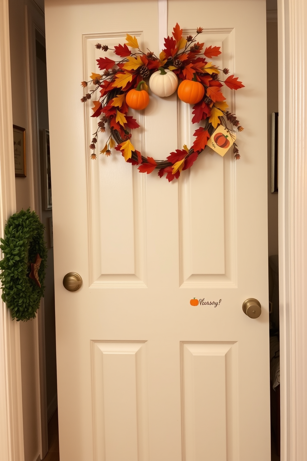 A charming nursery door adorned with a seasonal wreath featuring autumn leaves, pumpkins, and small pinecones. The door is painted in a soft pastel color, complementing the warm hues of the wreath. Inside the nursery, cozy decorations celebrate Thanksgiving with themed plush toys and a small table set for a festive gathering. The walls are decorated with whimsical artwork that reflects the spirit of the season.