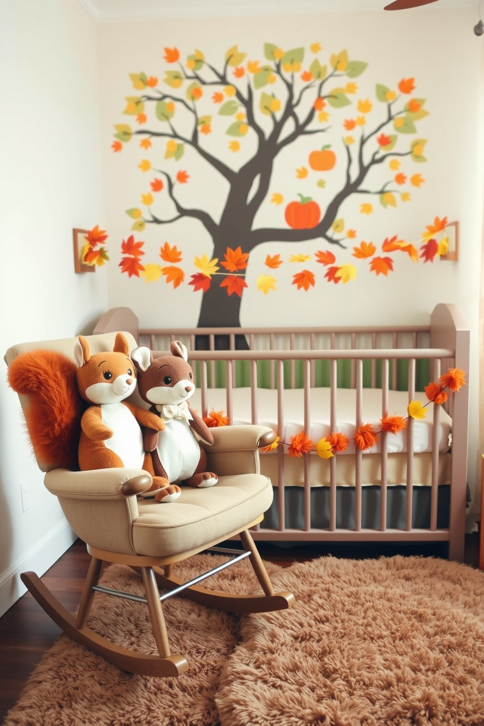 Cute squirrel plush toys for cuddling are arranged on a cozy rocking chair in a warm and inviting nursery. The walls are painted in soft pastel colors, and a whimsical tree mural adds a playful touch to the space. Thanksgiving decorations include a charming garland of autumn leaves and mini pumpkins draped across the crib. A plush area rug in earthy tones provides a comfortable play area for little ones to enjoy.