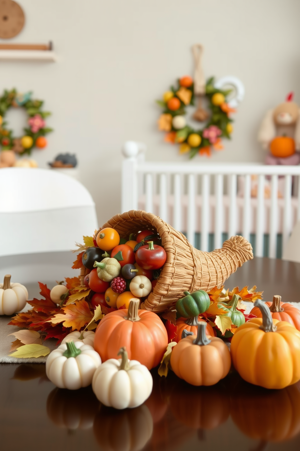 A charming miniature cornucopia sits as a table centerpiece filled with colorful fruits and vegetables. Surrounding the cornucopia are small, hand-painted pumpkins and autumn leaves, creating a warm and festive atmosphere for Thanksgiving. In the nursery, soft pastel colors dominate the decor with a gentle theme of harvest and gratitude. Plush toys shaped like fruits and vegetables are scattered around, adding a playful touch to the cozy space.