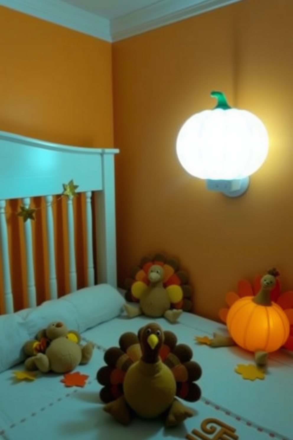 A cozy Thanksgiving themed nursery features a soft glow nightlight shaped like a pumpkin. The walls are adorned with warm autumn colors, and plush toys in the shape of turkeys and leaves are scattered throughout the room.