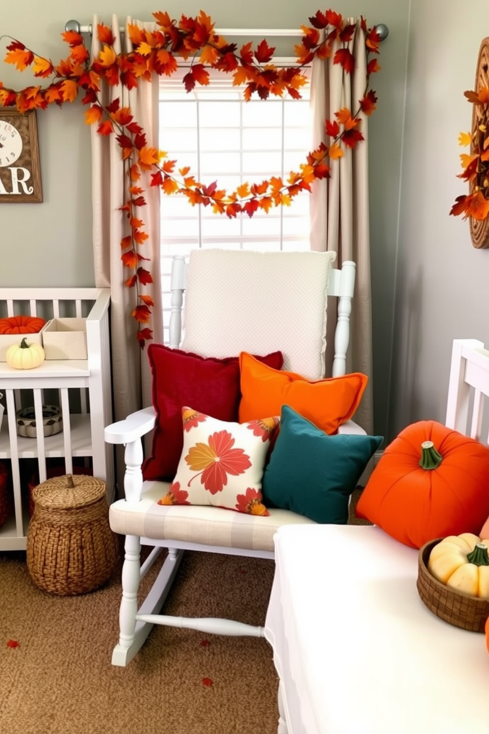 Colorful fall pillows are arranged on a cozy rocking chair, creating a warm and inviting atmosphere. The nursery is adorned with autumn-themed decorations, including small pumpkins and garlands of leaves, enhancing the festive spirit of Thanksgiving.