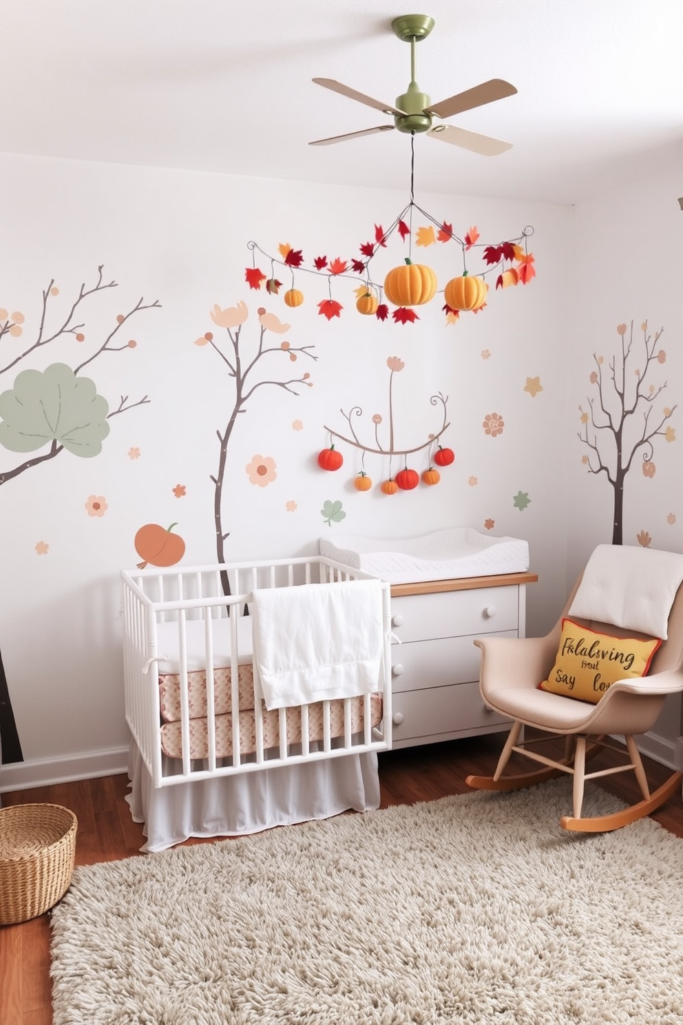 A tranquil nursery featuring nature-inspired wall decals depicting trees, animals, and flowers in soft pastel colors. The room is adorned with a cozy crib dressed in organic cotton bedding and a plush area rug that adds warmth and comfort. Thanksgiving decorations bring a festive touch with handmade garlands of leaves and pumpkins hanging above the changing table. A comfortable rocking chair is placed in the corner, perfect for reading stories and creating lasting memories.