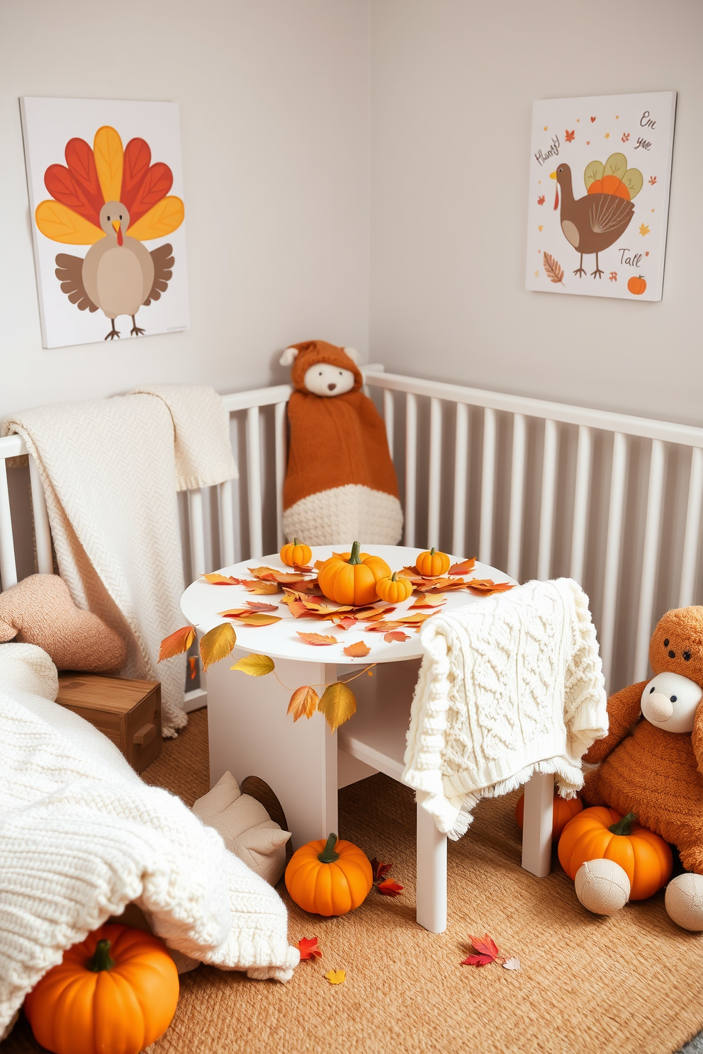 A charming Thanksgiving nursery setting. The centerpiece is a craft paper table adorned with autumn leaves and small pumpkins, creating a festive atmosphere. Surrounding the table are cozy blankets and plush toys, inviting warmth and comfort. Soft pastel colors dominate the decor, with whimsical wall art featuring turkeys and fall themes.