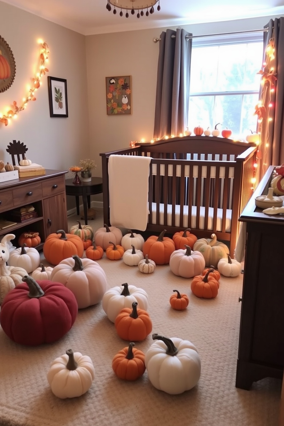 A cozy nursery decorated for Thanksgiving features felt pumpkins in various sizes and colors scattered around the room. Soft, warm lighting creates a welcoming atmosphere, highlighting the pumpkins and adding a seasonal touch to the decor.